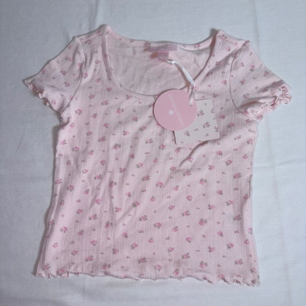 LoveShackFancy Target Floral Ribbed Top XL girl Pink New Lettuce Edge Scoop Neck